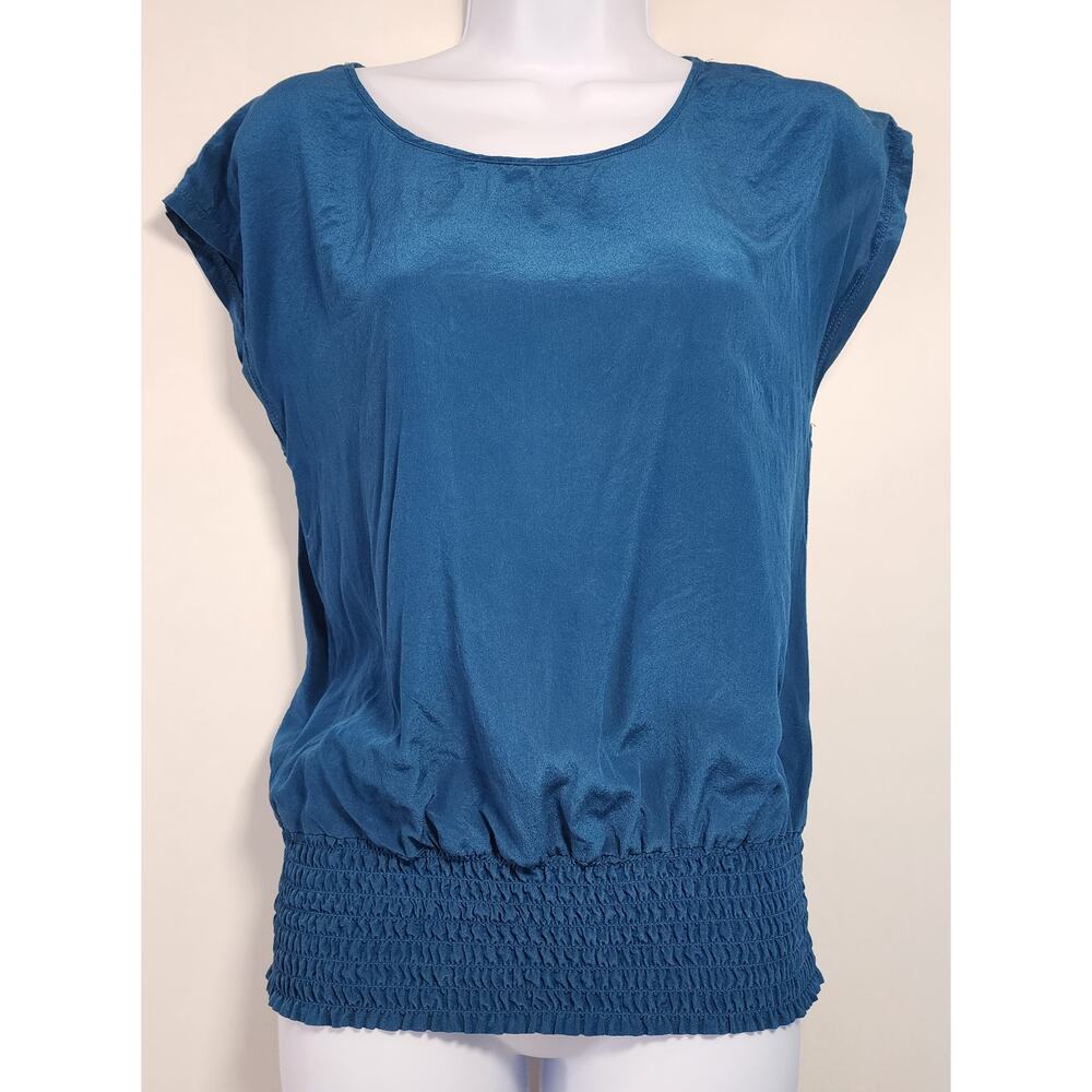Twenty One Silk Blouse Blue Smocked Waist Cap Sleeve Top S